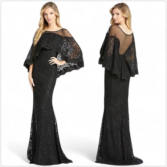 Mac Duggal Beaded Lace Cape Mermaid Train Evening Formal Dress Gown NWT New 6 - Picture 1 of 10
